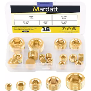 16Pcs 5 Sizes Brass NPT Plug Assortment Kit, 1/8" 1/4" 3/8" 1/2" 3/4" Internal H - Picture 1 of 11