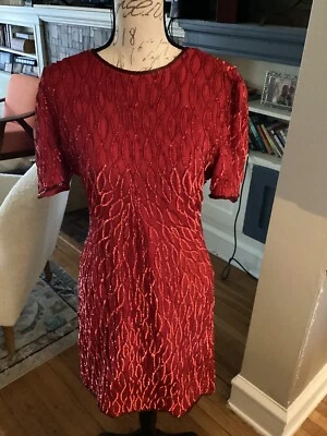 Vintage Laurence Kazan Sequin Silk Red Dress With Beaded Detail Sz P M - Image 1 of 4