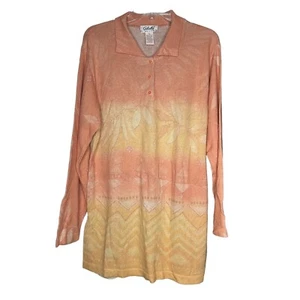 Gabriella T Womens Linen Blend Sweater Orange Large Floral Long Sleeve Collared - Picture 1 of 6
