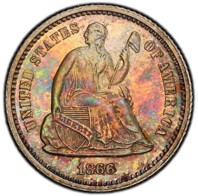 1866 Seated Half Dime - PCGS PR63 - BEAUTIFUL MULTICOLORED POST CIVIL WAR PROOF! - Image 1 of 4