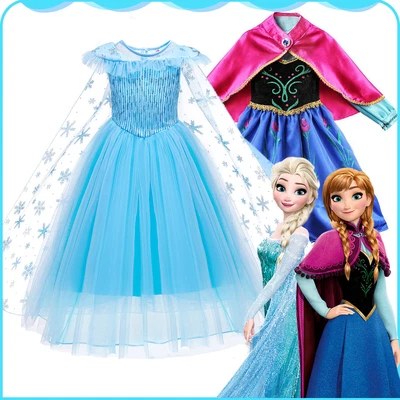 Girls Frozen Queen Elsa Anna Fancy Dress Princess Party Cosplay Costume Outfit - Image 1 of 4