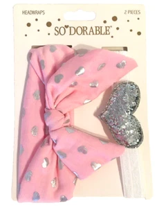 Baby Girl Headwraps 2 Pieces Pink Silver Hearts Bow Soft Shiny So’ Dorable NEW - Picture 1 of 11