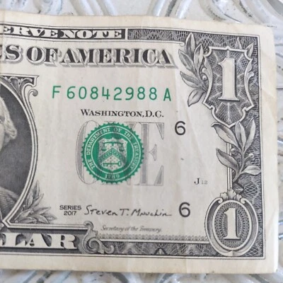 2017 Series 1 Dollar Bill Misaligned Green Seal Offset Seal Circulated - Image 1 of 3