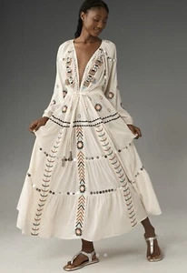 New Anthropologie White Embellished Pullover Bohemian Kaftan Dress One Size - Picture 1 of 4