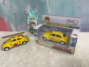 VOLKSWAGEN YELLOW BEETLE- 1967, WITH SURF BOARD, SCALE 1/32. & BOTTLE OPENER. - Picture 1 of 10