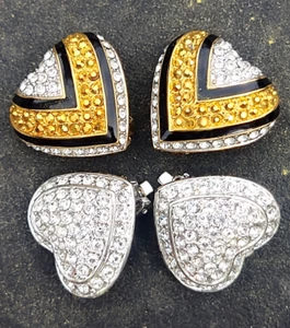 Lot 2 Heart Shaped Gold Silver Crystal Enamel Earring Joan Rivers, QUAKER ClipOn - Picture 1 of 10