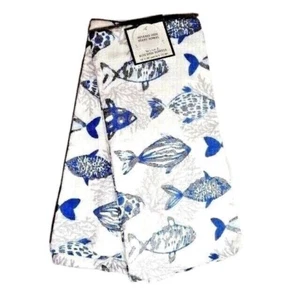 Coastal Fish Kitchen Towels Silver Sparkle Blue White Nautical Sea 2 Piece NWT - Picture 1 of 4