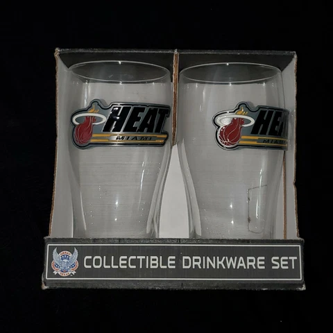 Miami Heat NBA 3D Team Logo 2 piece 20 oz Pub Glass Set - 2010 Collectors NIB Cover
