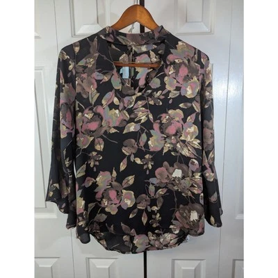 Veronica M. Talla S Chifón Negro Floral Gargantilla Cuello en V Manga Obispo Blusa Transparente Foto 1 de 4