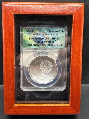 2014 FIFA WORLD CUP SILVER COIN PR70, DCAM, CERT BY ANACS, FDOI #122OF #198-COA - Image 1 of 4