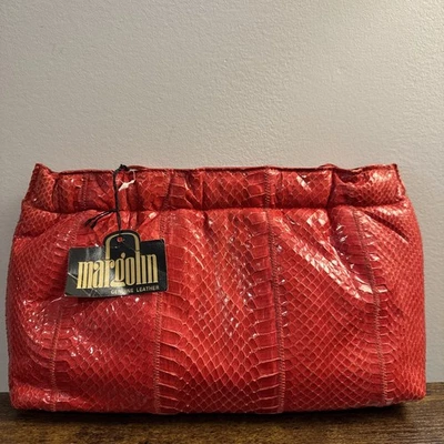 Cartera sin asas bandolera de piel de serpiente roja de colección etiqueta nueva años 80 cuero Margolin EE. UU. Foto 1 de 4