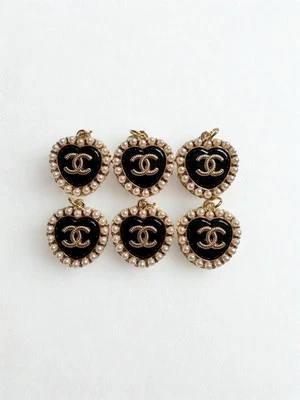 Vintage CC Black Heart Pearl Button STAMPED - 6 PC - Image 1 of 3