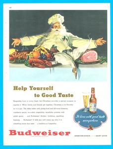 Budweiser Beer Santa Christmas meal chef pilsner glass vintage print ad 1947 - Picture 1 of 3