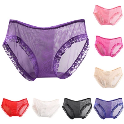 Women Sexy Ice Silk Sheer Lace Boyshorts Panties Underwear See Through Boxer - Image 1 of 4