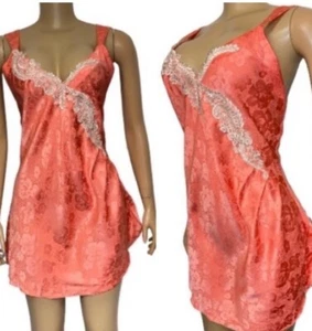 Vintage Victoria's Secret Gold Label Satin Nightie Slip Dress coral lace size L - Picture 1 of 16