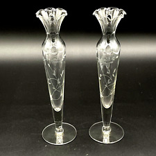Princess House Heritage Crystal Bud Vases Ruffled Rim Etched Flowers - Set of 2