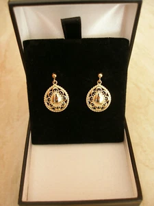 PAIR OF 9 CARAT GOLD FANCY DROP EARRINGS MADE IN ENGLAND BRAND NEW IN BOX  - Picture 1 of 4