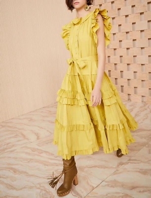 Ulla Johnson Elsie Ruffle Midi Dress in Limonite Cotton Yellow Size 0 Loose fit - Image 1 of 4