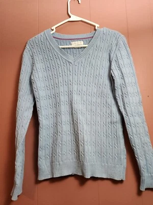 Suéter de algodón Van Heusen para mujer azul claro tejido con cable cuello en V S Foto 1 de 4