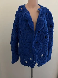 Lace Crochet Jacket Unique Handmade Blue Floral Cardigan Open Front Size XL - Imagen 1 de 5