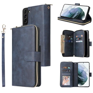 For Samsung S23 S24 S22 S21 S20 S10 Ultra + Zipper Wallet Stand Wrist Strap Case - Picture 1 of 33