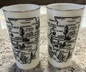 Set of 2 Vintage ILLINOIS State Souvenir Tumbler Glasses HAZEL ATLAS MILK GLASS - Picture 1 of 10