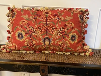 Old World Red Floral Needlepoint Pillow Wool Embroidery 18" x 28" - Image 1 of 4