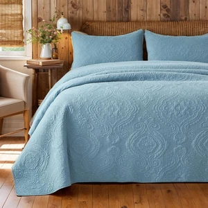 King Size Quilt Set Cotton Quilt Set Vintage Farmhouse Blue Damask Matelasse ... - Picture 1 of 9