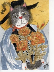 ACEO original acrylic mini painting 'Purr-Fection' cat scholar fall color roses - Picture 1 of 1