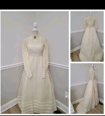 VTG Edwardian Revival Wedding Dress – High Neck Lace Long Sleeve Prairie Gown W6 - Image 1 of 4