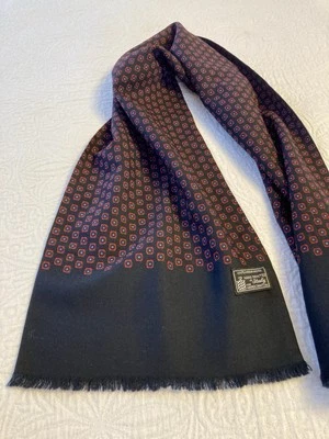 Vtg Italian Hand Printed Virgin  Wool Black, Red, Blue, Gold Scarf 50 x 11” - Image 1 of 4