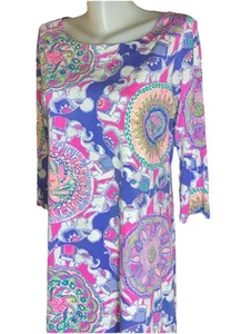 Lilly Pulitzer Sz L Pink Purple Green Elephant Pima Cotton 3/4 Sleeve Dress - Picture 1 of 8