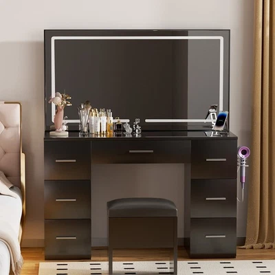 Tocador de Maquillaje con Luces 3 Colores Tapa de Vidrio Tocador Escritorio 7 Cajones Iluminados Potencia Foto 1 de 4