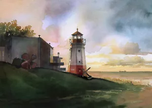 Vermilion Leuchtturm Sonnenuntergang, Lake Erie Ohio. James Mann Aquarell Kunst Notizkarten - Bild 1 von 2