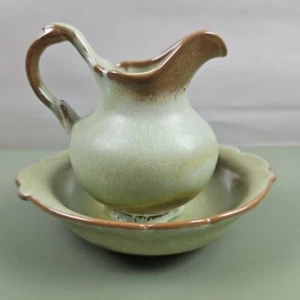 Brocca vintage Frankoma ceramica smaltata verde e marrone #F40A e set ciotola #40B - Foto 1 di 9