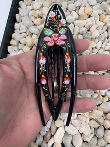 Handbemalte Haarspange - rosa Blumenszene - Bild 1 von 12