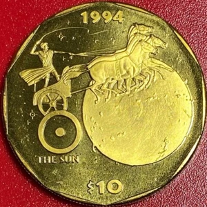 1994 MARSHALL ISLANDS $10 BRASS PROOF-LK "SUN" HORSES CHARIOT STARS SOLAR SYSTEM - Picture 1 of 3