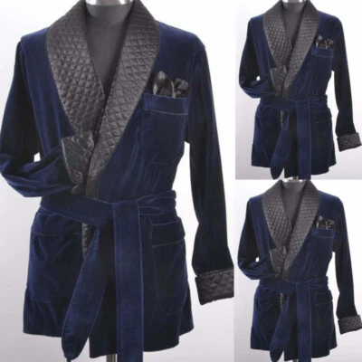 Men Smoking Jacket Quilted Blue Velvet Robe Gown Evening Party Wear Blazer Coat - Image 1 of 4