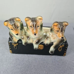 Vintage Ceramic Succulent Planter Chest 3 Cute Collie Lassie Puppies Dogs Japan - Picture 1 of 11