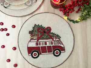 Set of 6, Christmas tree on a van, placemat, handmade beaded table mat,