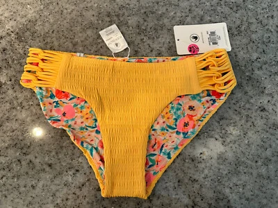 身体手套 XS Sundream 红宝石比基尼底部双面黄色花朵全新带标签 — 第 1/4 张图片