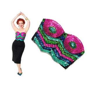 Vintage 1980s 1990s Bustier Sequin Beaded Striped Strapless Party Crop Top - Picture 1 of 10