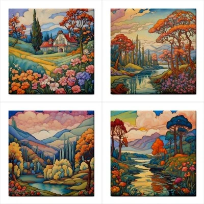 Landscapes Art Nouveau Ceramic Tile Set Of 4 Tiles Art Home Decor Backsplash - Image 1 of 4