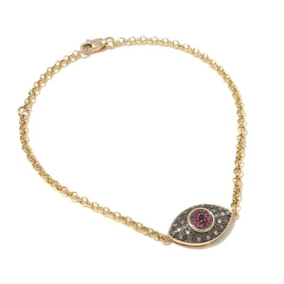 Brazalete Mal de Ojo Diamante, Rubí y Champagne Oro Amarillo 10K Sólido Rarezas Foto 1 de 4