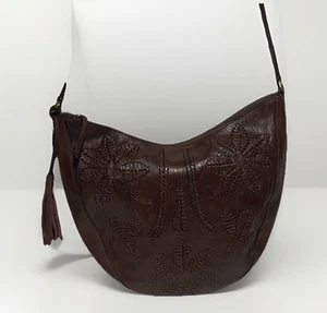 Lucky Brand Brown Tooled Leather Whipstitch Floral Hobo Purse Handbag & Charm - Picture 1 of 15