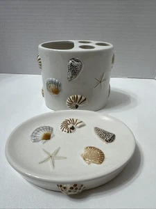 Seashell Shells Beach Coastal Soap Dish Toothbrush Holder Set Pre-Owned - Picture 1 of 13
