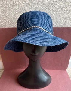 Halston blauer Strohhut mit Kette Quastendetail UPF 50 neu mit Etikett - Bild 1 von 9
