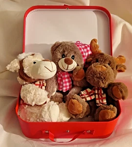 Kuscheltiere mit rotem Koffer Bär Elch und Schaf 3 Kinder Plüschtiere  XXX - Bild 1 von 12