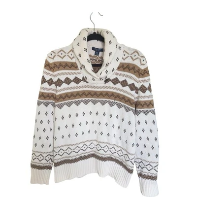 Chaps Fair Isle Cowl Neck Sweater Cream Tan Brown Geometric Knit Nordic Cozy XL - Image 1 of 4