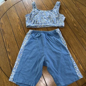 Vintage 90’s Aerobics Workout 2Pc. Blue Print Biker Shorts And Sports Bra L XL - Picture 1 of 5